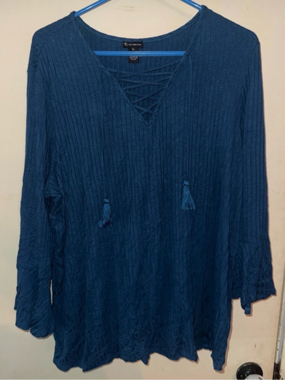 New Directions Teal-Blue Crinkle Lace-Up Tassel Tunic